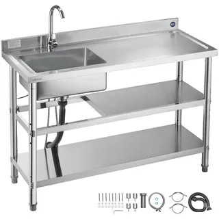 Vevor Spültisch Spülbecken Edelstahl (120 x 50 x 94 cm), Einzelbecken mit Wasserhahn & 2 Ablagefächern, Küchenspüle für Garage Restaurant, Waschtisch Außenspüle mit Arbeitsplatte (recht)