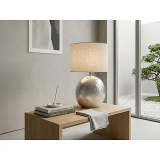 LED Tischlampe mit Metallfuß Silber Antik & Leinen Lampenschirm Beige, 51cm groß - Silber, Beige