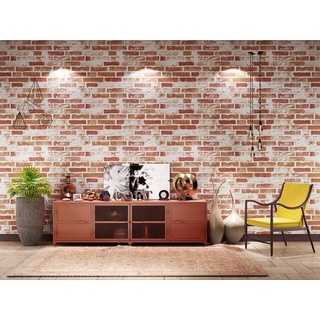 BUVU Vinyltapete 53x1000cm Steintapete Rot Weiß Rustikal Natur Stein, schöne edle Tapete im Steinmauer Loft Design, moderne 3D Optik für Wohnzimmer, Schlafzimmer oder Küche