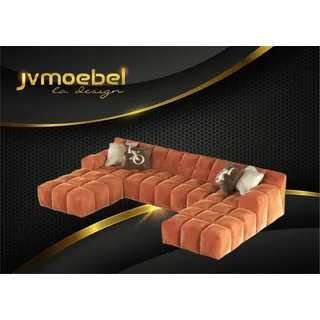 Design Chesterfield Samt Modernes Ecksofa U-Form Wohnlandschaft Polsterecke Neu - Orange