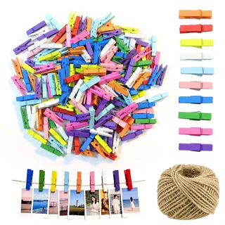 200 Bunte Mini Holzklammern 3,5 cm mit 30 m Juteschnur für Fotos, DIY-Deko | Naturholz, 3,5 cm, 30 m Juteschnur, Wiederverwendbar, DIY Basteln, Fotowand, Postkarten, Kleidung, Dekoration, Geschenkideen