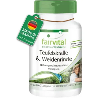 fairvital Teufelskralle und Weidenrinde Kapseln, HOCHDOSIERT, standardisiert auf 1,2% Harpagoside und 15% Salicin, Vegan, Harpagophytum procumbens & Salix Alba Extrakt, 90 Kapseln