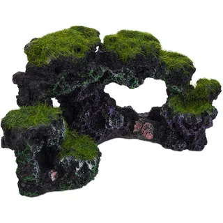 Relaxdays Aquarium Deko Stein, Natur-Optik, dekorativ, Versteck, Felsenhöhle, Aquarienzubehör HxB 8,5x17cm, schwarz-grün