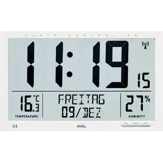 AMS 5887 Wanduhr Tischuhr Funk Funkwanduhr digital weiß Datum Thermometer Wecker - Weiß
