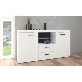 FURNIX Sideboard RIVAY Esszimmer, Wohnzimmer Kommode mit 2 Schubladen und Glasvitrine klassisch, pflegeleicht modern Weiß - Weiß