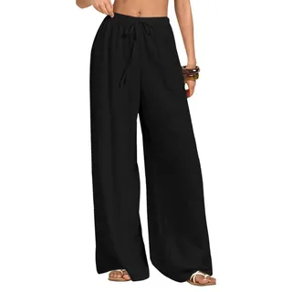 Omgoods – Damen Lederhose – Sommerliche, elastische, bequeme Palazzo-Hose mit Taschen - Schwarz