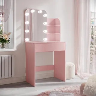 SONNI Pink Schminktisch, 70x40x140cm kompakte Kommode mit dreifarbigem Glühbirnenspiegel, einstellbare Helligkeit, Schminktische mit Kommode - Rosa