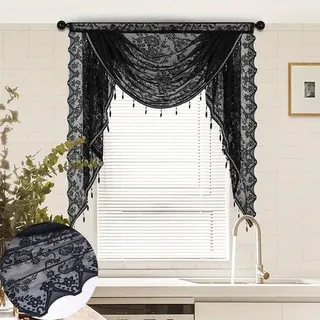 Schwarzes, kantiger Vorhang mit Blumenmuster, in r europäischer Stil, dunkel und wellig. Für Wandvorhang, ideell für Fenster, Türen und Dekorationsbespannung. 100 x 105 cm - Weiß