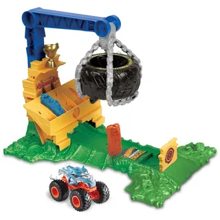 Hot Wheels Monster Trucks Rhinomite Angriffs-Challenge Spielset mit einem Rhinomite-Spielzeugtruck im Maßstab 1:64 und 2 zerdrückten Autos, HTP18