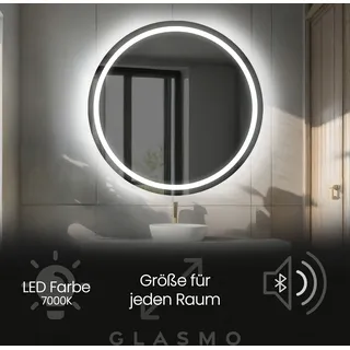 Badspiegel mit LED Beleuchtung 100 cm Nova - Rund Spiegel mit Beleuchtung - Kaltweiß 7000K - Badezimmerspiegel Lichtspiegel mit Bluetooth-Lautsprecher - Transparent