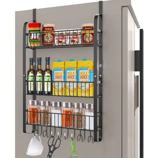 Yiomxhi Kühlschrank Regal, Gewürzregal für Kühlschrank Hängeregal mit 8 Haken, 3 Etagen Küchenregal Hängend Küchen Organizer Aufbewahrung ohne Bohren, Schwarz