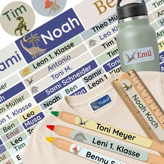 Petite Print® Namensaufkleber Schul-Set – (150 Stück) personalisierte Namensetiketten zur Einschulung, für Stifte & alle Schulsachen, wasserfest & waschmaschinenfest (Dino Trex)