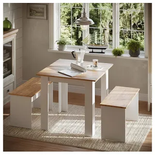 Vicco Esstisch Set Vicco Sentio Goldkraft Eiche/Weiß 80 x 80 cm mit 2 Bänken, Model 53278 - Braun, Weiß