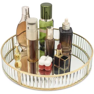 Deko Tablett Rund, SLHEQING Spiegeltablett Gold Badezimmertablett Glass Make up Organizer Vintage Kosmetik Organizer Aufbewahrung Tablett für Badezimmer Schminktisch