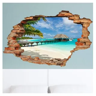 Ambiance Sticker Sticker 3D Effekt | Wandaufkleber Palmen und Bungalow - Tapete Dekoration optische Täuschung Raum und Wohnzimmer | 60 x 90 cm