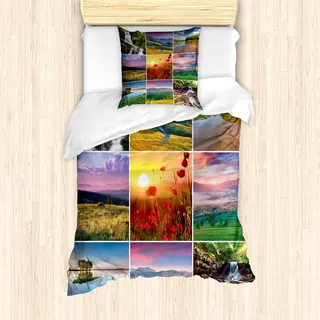 ABAKUHAUS Sommer Mantele, Sommer Home Landschaft, Milbensicher Allergiker geeignet mit Kissenbezügen, 135 cm x 200 cm - 80 x 80 cm, Rot, Gelb, Grün - Rot