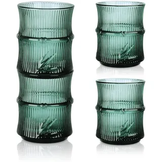Joeyan Grün Bambusform Trinkgläser 4er Set, 260ml Türkis Saftgläser, Kleine Vintage Stapelbare Wassergläser,Bambusdesign Geriffelte Drinking Glasses,Bunt Gläser für Cocktail Saft Rum,Spülmaschinenfest