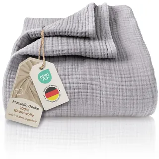 LAYNENBURG Premium Musselin Tagesdecke 220x240 cm XXL - 100% Baumwolle - extraweiche Baumwolldecke als Kuscheldecke, Bett-Überwurf, Sofa-Überwurf, Couch-Überwurf - warme Sofa-Decke (Grau)