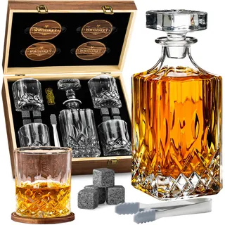 WHISISKEY Whisky Karaffe Set - Whiskey Geschenkset - Geschenke für Männer - Männergeschenke Geschenk - Geburtstagsgeschenk Mann - Klassische Dekanter 700ML, 4 Whisky Gläser, 8 Whisky Steine