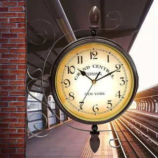 Stationsuhr Wanduhr drehbar doppelseitig Retro Wanduhr Runde Stationsuhr Schmiedeeisen Wasserdicht Schwarz Nostalgie für Bahnhof Wohnzimmer Veranda Flur Garten