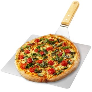 com-four® Pizzaschaufel aus rostfreiem Edelstahl - Pizza- und Kuchenheber mit Holzgriff - Pizzaschieber für Pizza, Flammkuchen, Brötchen und Brot (silberfarben/braun - eckig)