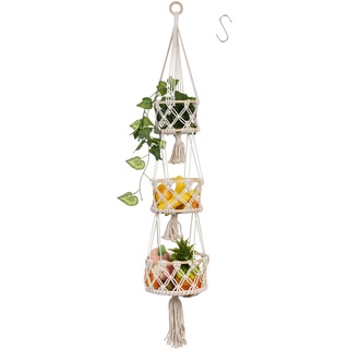 WPAJIRZO Hängeampel 3 stöckig - Boho Hängekorb für Küche Wohnzimmer - Obstkorb Hängend Blumenampel zum Aufhängen Makramee Geflochten Organizer Früchtekorb für Obst Gemüse Zimmerpflanzen, H120cm