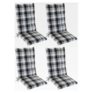 Hochlehner Auflage Naxos für Gartenstühle 4er Set 118x49 cm Karo Grau - 6 cm starke Stuhlauflage mit Komfortschaumkern - Sitzauflage aus der EU
