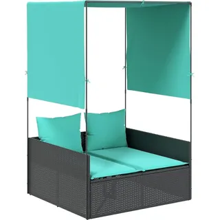 Doppelte Sonnenliege mit Dach und Vorhängen, schwarzes Polyrattan - Schwarz