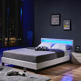 Home Deluxe - LED Bett Astro - Weiß, 140 x 200 cm - Inkl. Lattenrost I Polsterbett Design Bett inkl. Beleuchtung - Weiß