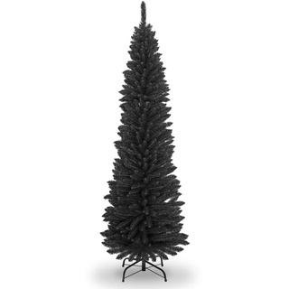 SHATCHI Künstlicher, beflockter schmaler Weihnachtsbaum, Dekoration mit Spitzen Spitzen und Metallständer, schwarz, 2,1 m