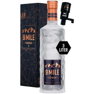 9 MILE Vodka 3l inkl. Flaschenpumpe & Geschenkverpackung – 37,5% Vol. Premium Vodka mit LED-Beleuchtung, Granite Rock Filtration & mildem Geschmack – ideal für Longdrinks oder den puren Genuss