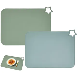 ABOHU 2 Stück Baby Silikon Platzset Abwaschbar, Platzdeckchen rutschfest Tischset Kinder, Schmutzabweisend, Tragbar, Baby Tischsets für Esstisch & Restaurants, für Kleinkinder (Äther/Salbei)