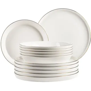 MÄSER, Serie Sita, Teller Set für 6 Personen, Essgeschirr aus weißem Porzellan mit Goldrand, schlicht, elegant, Porzellan, weiß