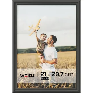 WOLTU Bilderrahmen DIN A4, Fotorahmen aus Massivholz und PS-Platte, Holzrahmen mit Passepartout, zum vertikalen oder horizontalen Aufhängen/Aufstellen, Posterrahmen Collage Wanddeko, Schwarz