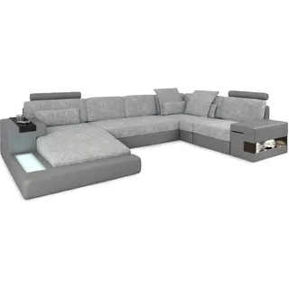 Ecksofa Wohnlandschaft U Form Ledersofa Sofa Polster Couch Stoff Leder USB + LED - Grau