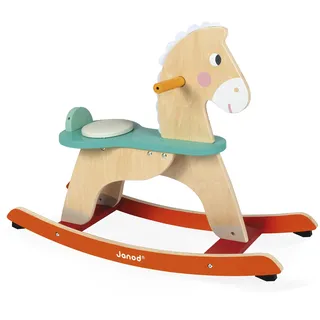 Janod – Mitwachsendes Schaukelpferd aus Holz – Anti-Kipp-Kufen + Kissen + Abnehmbarer Sicherheitsbügel – Lernspielzeug – Ab 12 Monaten