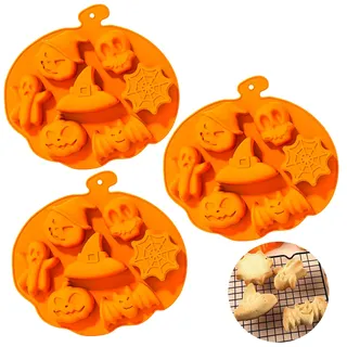 KEELYY 3 Stück Halloween Backform, Totenkopf Silikonform Kürbis Fledermaus Hexe Schädel Geisterform Backform, Halloween 3D Kuchenbackform für Küche DIY Backen