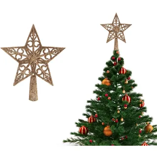 JIJICZ Weihnachtsbaumspitze Stern Vintage Leicht Klassisch Klein Kunststoff Glitzer Christbaumspitze perfekt für Weihnachtsdeko Weihnachtsbaumschmuck Dark Gold