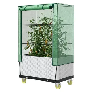 Home Garden,Hochbeet mit Abdeckung und Rädern,Rattanoptik,80x50x182cm - Weiß, Grün
