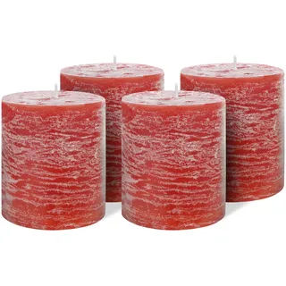 Brandsseller 4er Set Stumpenkerzen 9x10 cm – durchgefärbt & aus Paraffin – rustikale Kerzen mit langer Brenndauer – Dekokerzen für Tischdeko, Weihnachten & Feste – Rot