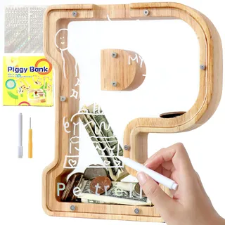 Lakpopya Spardose Kinder Buchstaben aus Holz für A-Z Personalisiert Sparschwein Durchsichtig Alphabet Sparbox, Geschenk Dekoration Taufe für Jungen Mädchen (P)