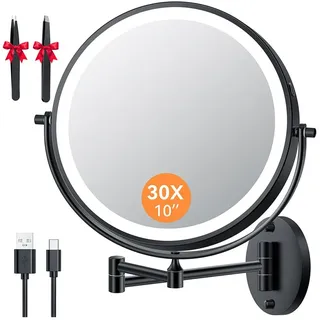 Auxmir Kosmetikspiegel mit Beleuchtung, 1X 30X Rasierspiegel Wandmontage | 5000mAh Akku, 10" Ausziehbarer Schwenkarm, 3 Lichtfarben, Stufenlos Dimmbar und 360° Drehbar für Badezimmer und Hotel Schwarz