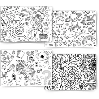 Kreativpaket 4 x Ausmal-Tischdecke aus Papier, 4 Verschiedene Motive, Ausmalen für Kinder, Kinderbeschäftigung Hochzeit, Kinderbeschäftigung Kindergeburtstag, Mal Mich Bunt