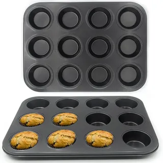 2 Stück Backform für 12 Muffins, Antihaftbeschichtet Muffinblech, Kohlenstoffstahl Kuchenform, Mini Muffinform Blech, Rund Backformen für Brötchen, Cupcakes, Brownies, Pudding, Basic Baking (Schwarz)