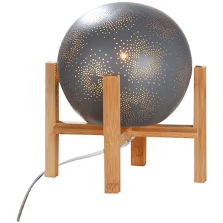 GILDE Porzellan Tischlampe mit Stern Motiv - Lampe Standlampe mit Holzfuß und Lochmuster - Deko Wohnzimmer - Geschenke für Frauen - Farbe: grau - Höhe 24 cm