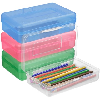 BELLE VOUS Kunststoff Stifte Box (4 Stk) – L20xB11,5xH5,5cm Durchsichtige Boxen mit Deckel - Bunte Boxen Aufbewahrung Groß – Aufbewahrungsbox als Pinselbox Schule, Buntstifte, Schreibwaren