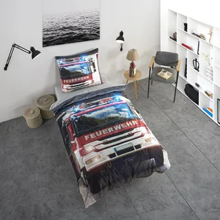 KK SHOPPING Versandhandel Klaus Kolodzie Feuerwehr Bettwäsche-Set, Bettbezug 135 x 200 cm, Kopfkissenbezug 80 x 80 cm, 100% Baumwolle/Renforcé, Bunt, mit Feuerwehrauto-Motiv