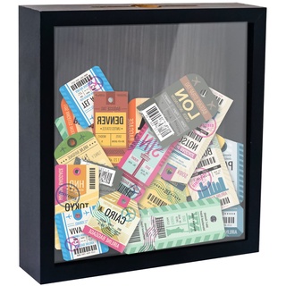 FramePro Bilderrahmen für Ticket Shadow Box 3D Rahmen zum Befüllen Tiefer Aufbewahrungsboxen Glasscheibe Holz Objektrahmen DIY Vitrine Muscheln Flugtickets Fotorahmen Memorabilia Schwarz 20 x 20 cm