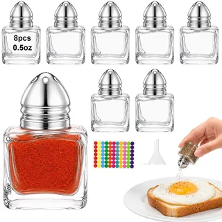Mssushi 8er Set Mini Salzstreuer Glas 15ml, Salz und Pfefferstreue | Eckig Edelstahldeckel, mit Bunte Aufklebern, Trichter, für Küche, Esstisch, BBQ