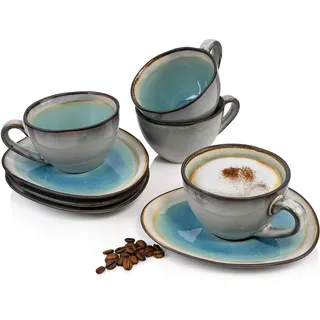 Sänger | Kaffeetassen Set Capri mit Untertassen, 8-teiliges Tassen Set aus Steingut, modernes Vintage Design | 230ml